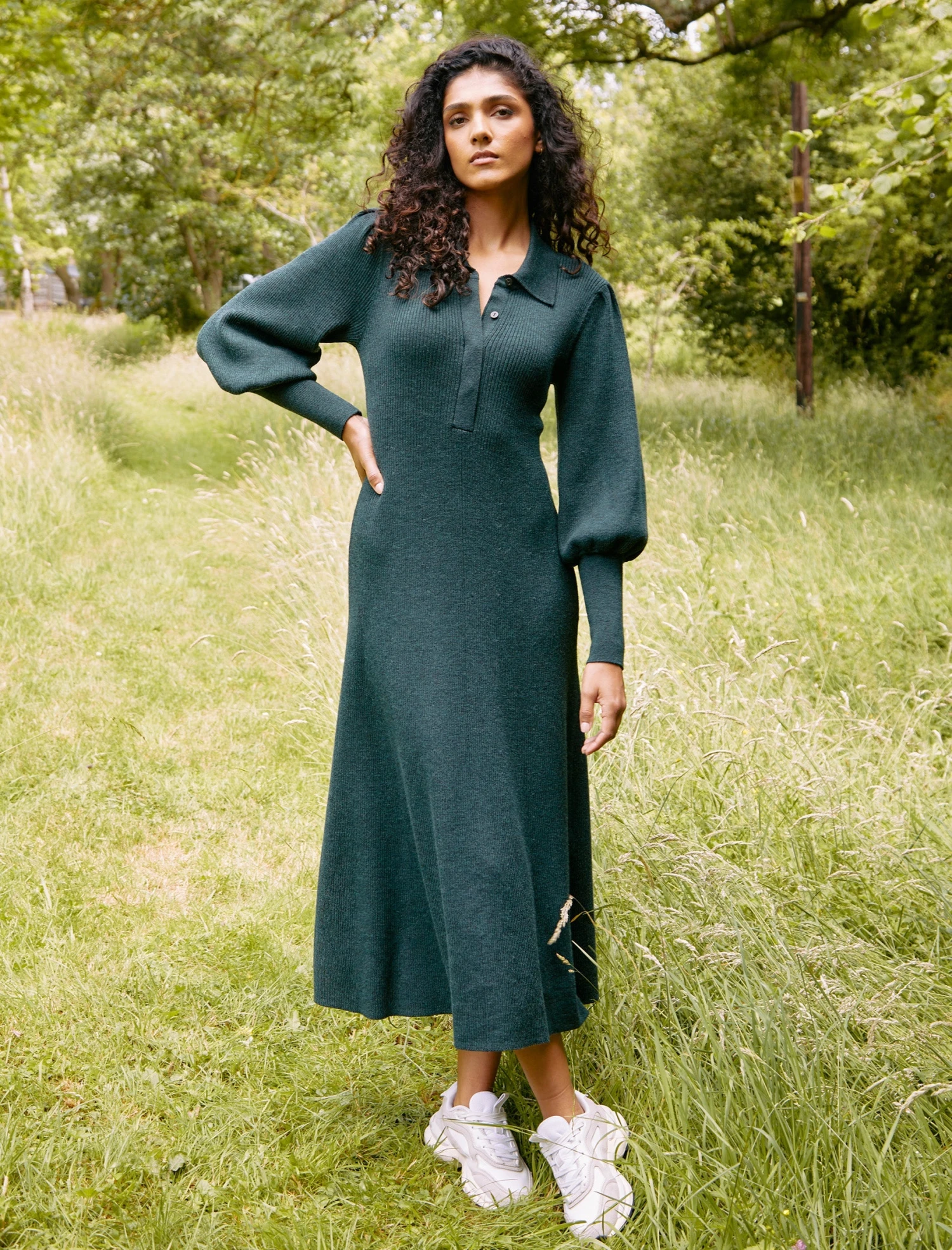 Eva Merino Wool Collared Knit Maxi Dress - Dark Green 3 Eva Merino Wool Collared Knit Maxi Dress - Dark Green